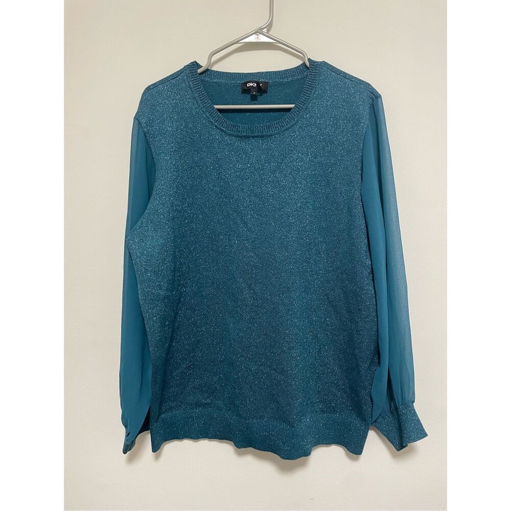DKNY XL Long Sleeve Green Sparkle Blouse with Long Sheer Sleeves